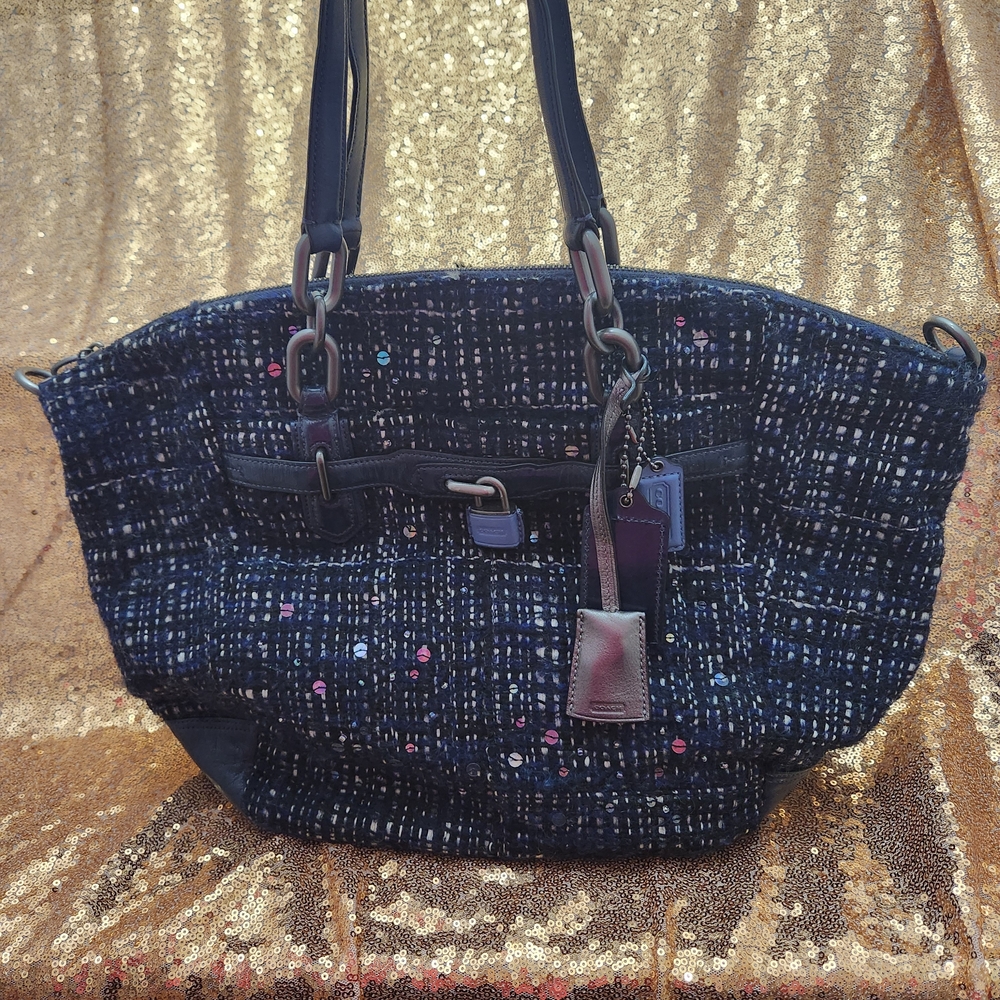 Coach Navy Blue And White Sequin Embellished Tweed Shoulder Bag Crossbody